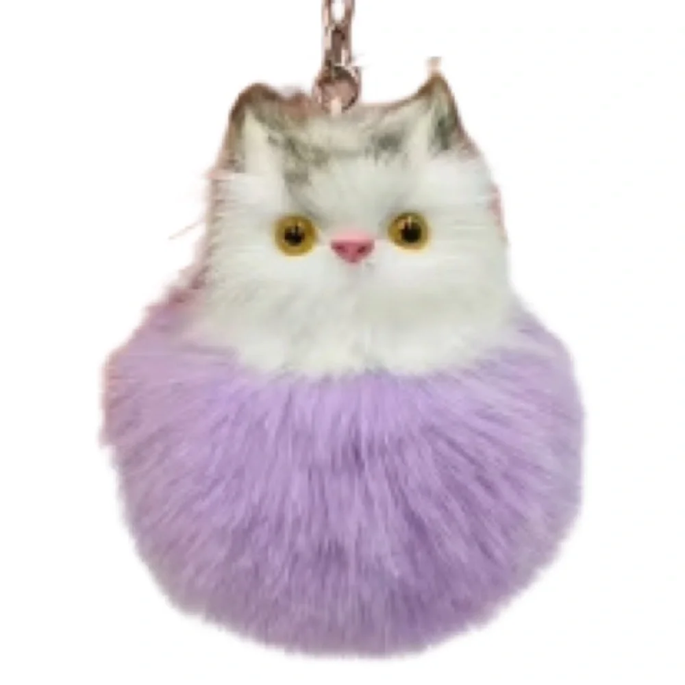 KITTY Keychain/ Bag Charm with White and Gray Kitten and Purple Pom Pom